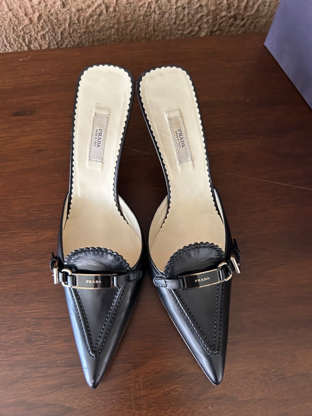 Prada Black Leather Pointed Toe Mules Heels 36.5 / US 6.5 - Picture 3 of 15